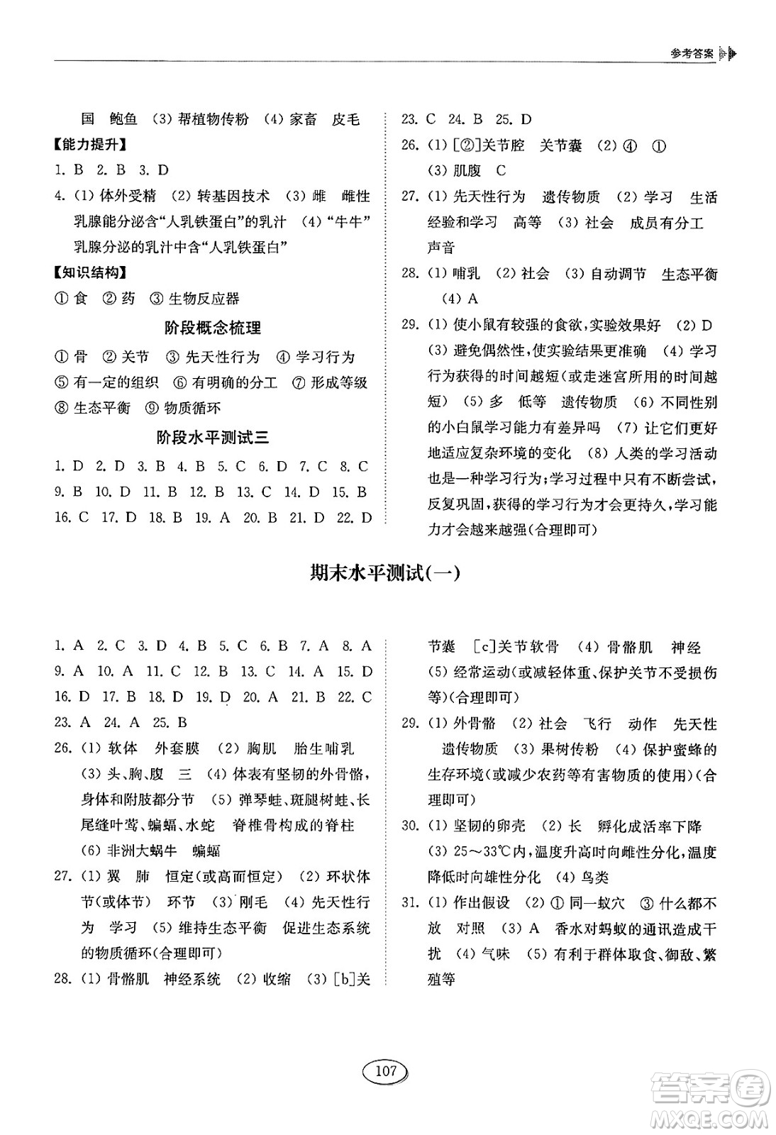 山東科學(xué)技術(shù)出版社2024秋初中同步練習(xí)冊八年級(jí)生物上冊魯科版五四制答案