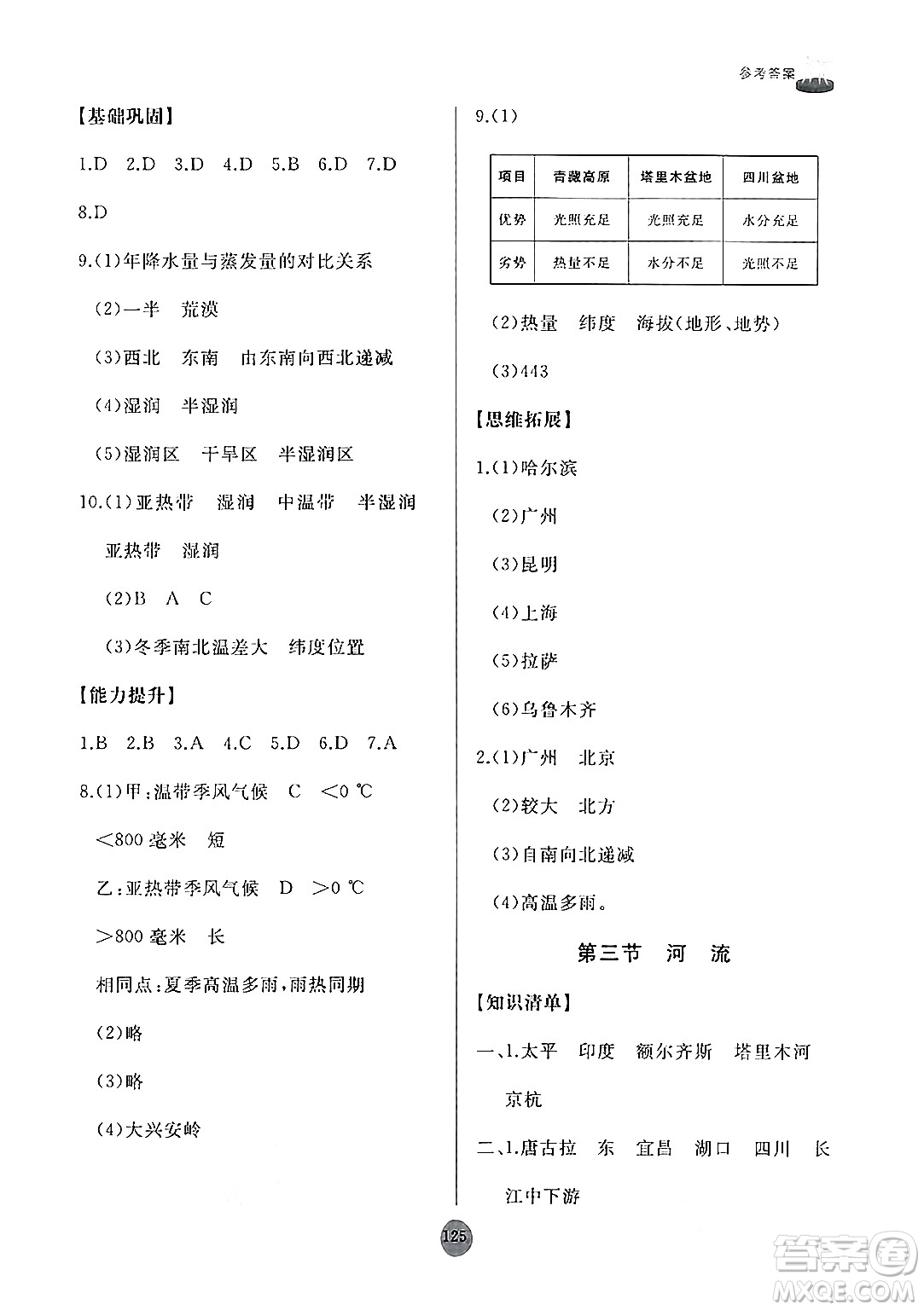 山東友誼出版社2024秋初中同步練習冊八年級地理上冊人教版山東專版答案