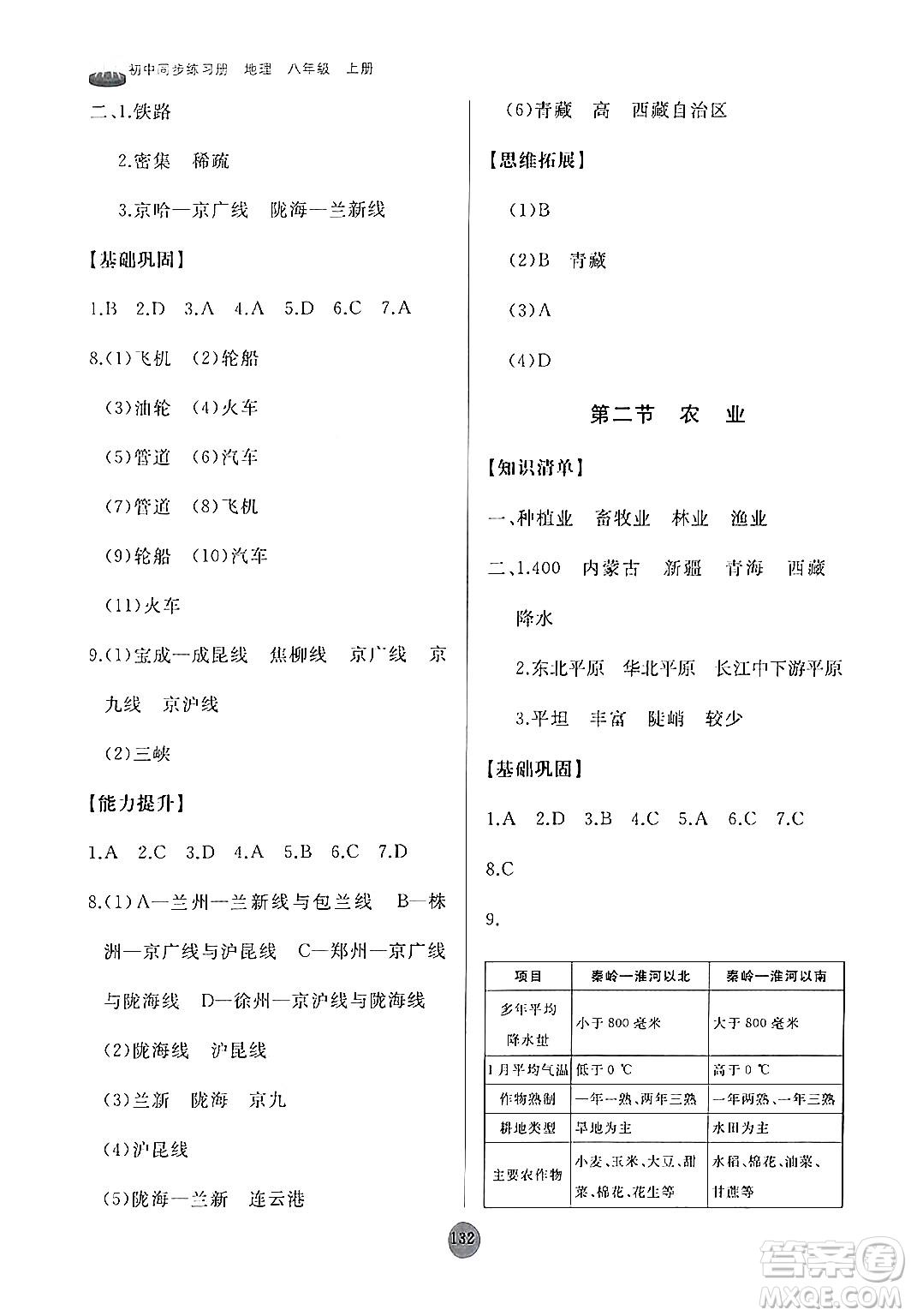 山東友誼出版社2024秋初中同步練習冊八年級地理上冊人教版山東專版答案