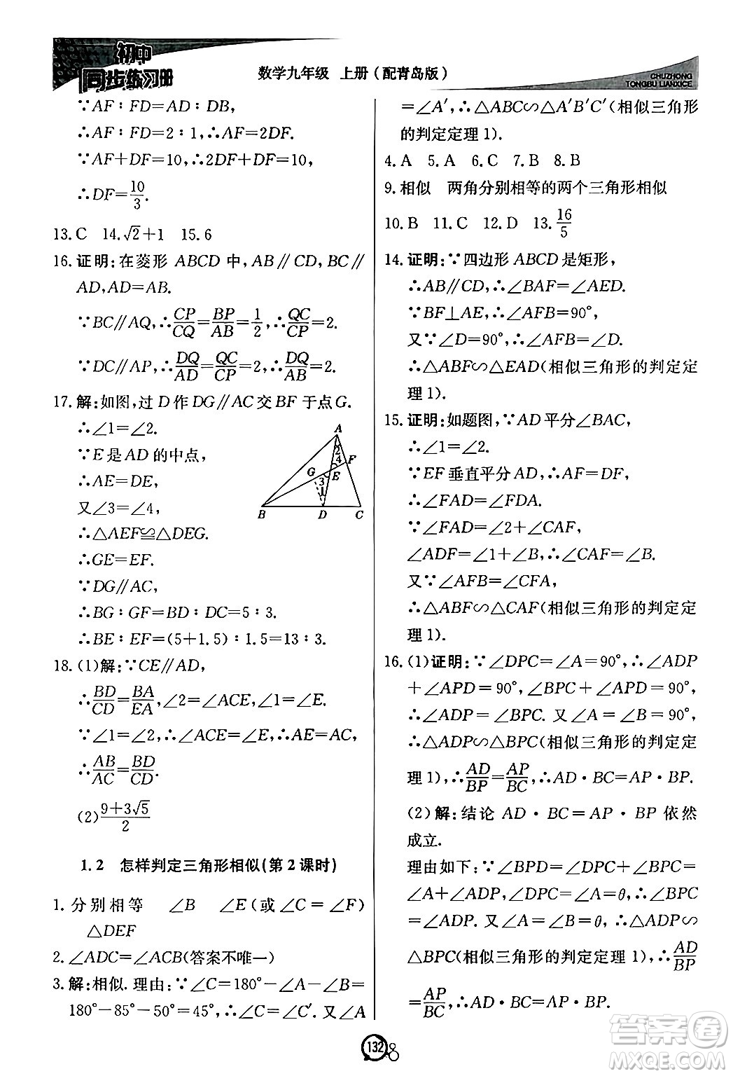 北京教育出版社2024秋初中同步練習(xí)冊(cè)九年級(jí)數(shù)學(xué)上冊(cè)青島版答案