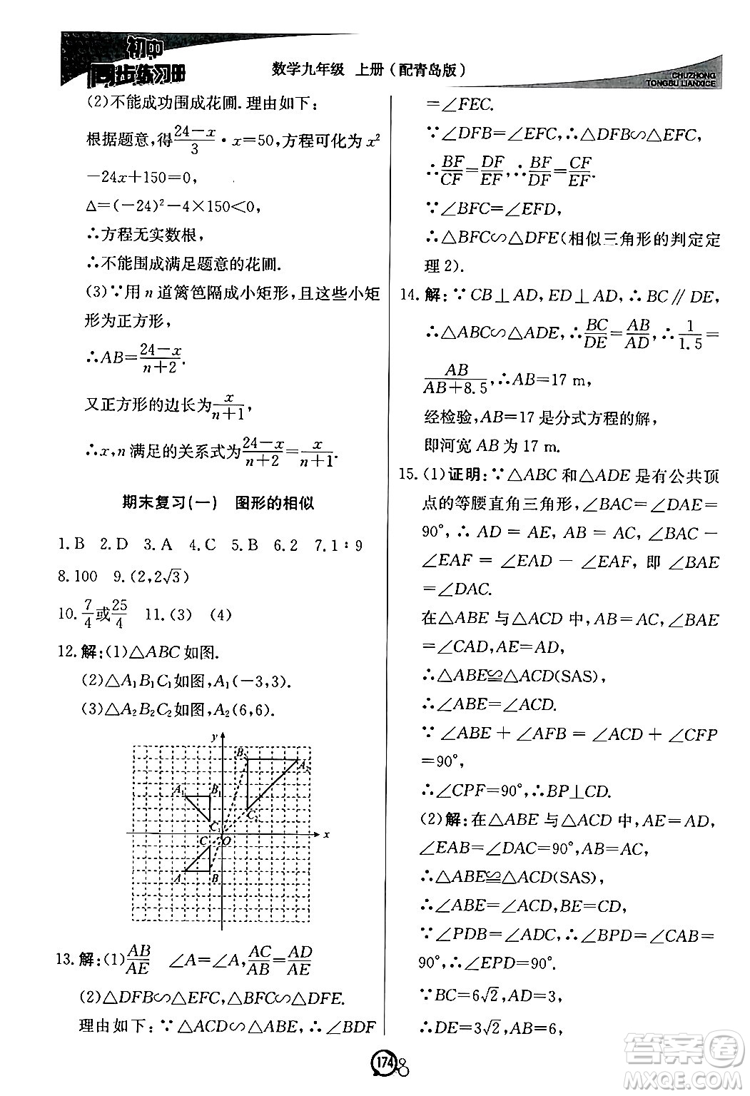 北京教育出版社2024秋初中同步練習(xí)冊(cè)九年級(jí)數(shù)學(xué)上冊(cè)青島版答案