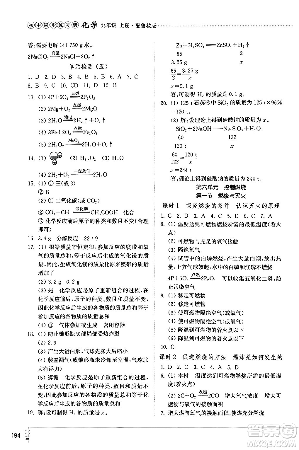 山東教育出版社2024秋初中同步練習冊九年級化學上冊魯教版答案