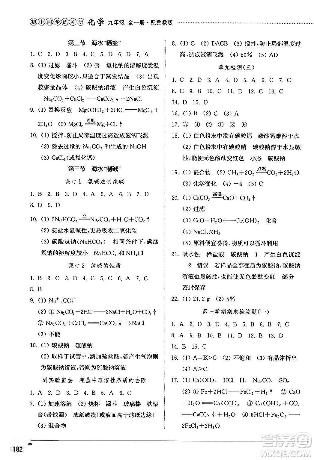 山東教育出版社2024秋初中同步練習冊九年級化學上冊魯教版五四制答案