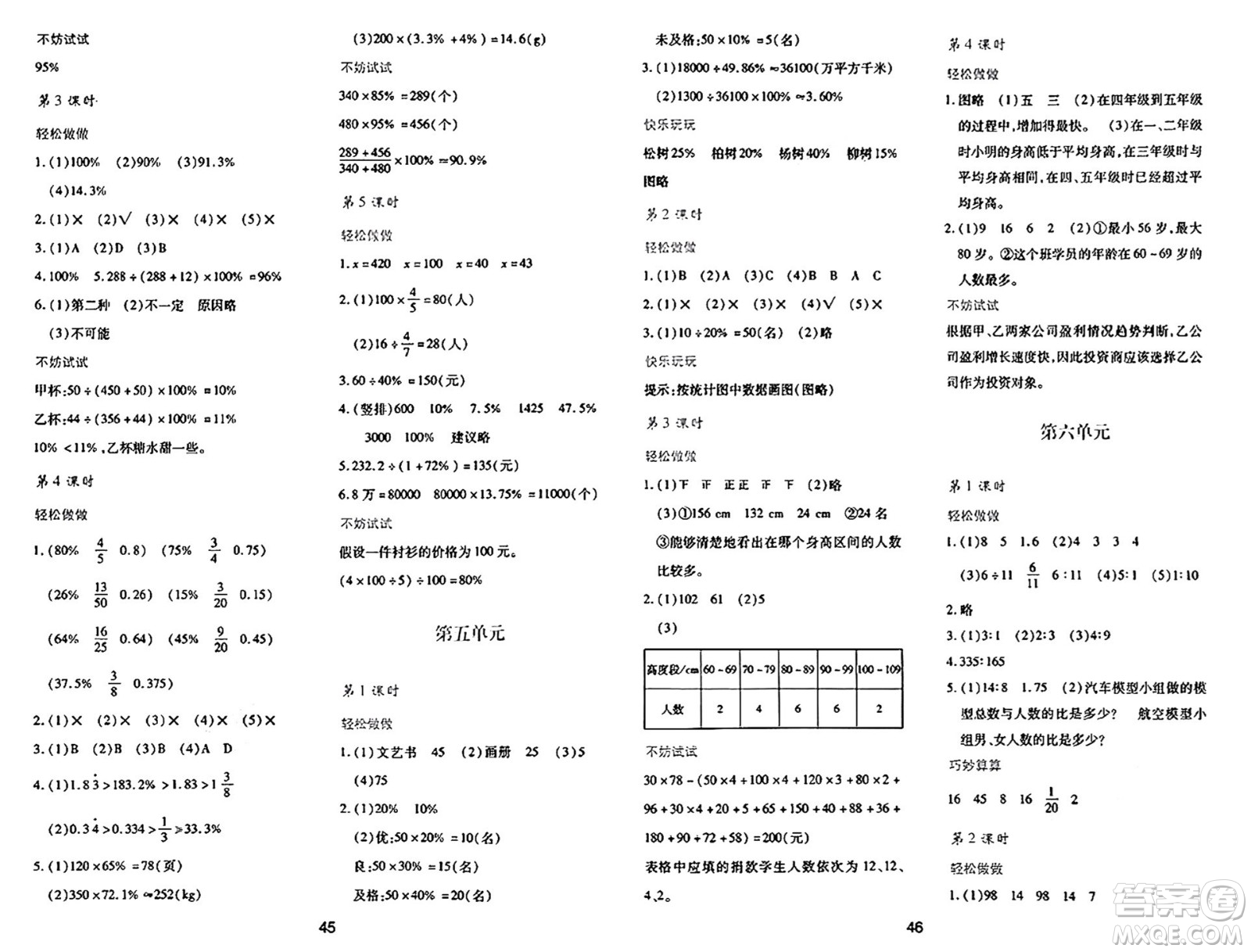 陜西人民教育出版社2024年秋學習與評價六年級數學上冊北師大版C版答案