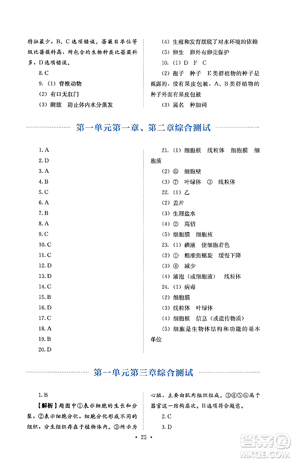 人民教育出版社2024年秋人教金學(xué)典同步練習(xí)冊(cè)同步解析與測(cè)評(píng)七年級(jí)生物上冊(cè)人教版答案
