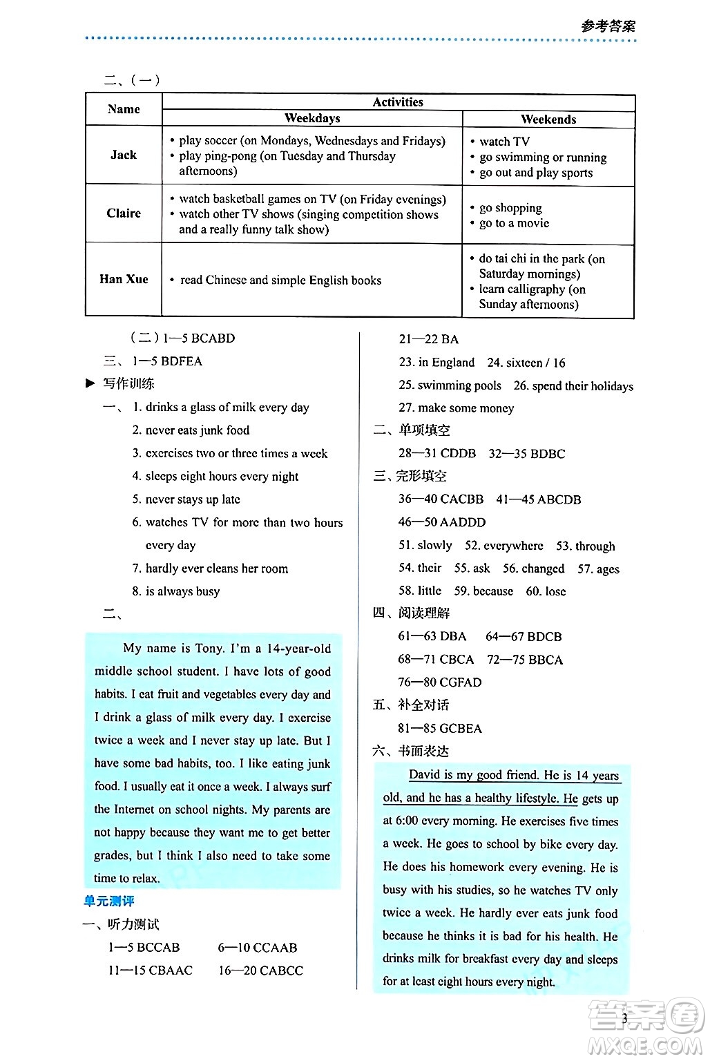 人民教育出版社2024年秋人教金學典同步練習冊同步解析與測評八年級英語上冊人教版答案