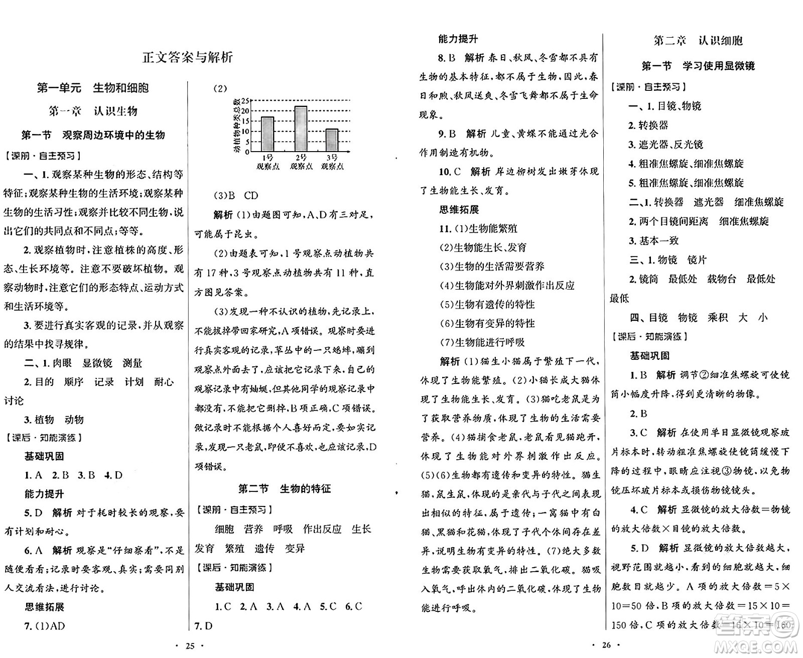 人民教育出版社2024年秋初中同步測(cè)控優(yōu)化設(shè)計(jì)七年級(jí)生物上冊(cè)人教版福建專(zhuān)版答案