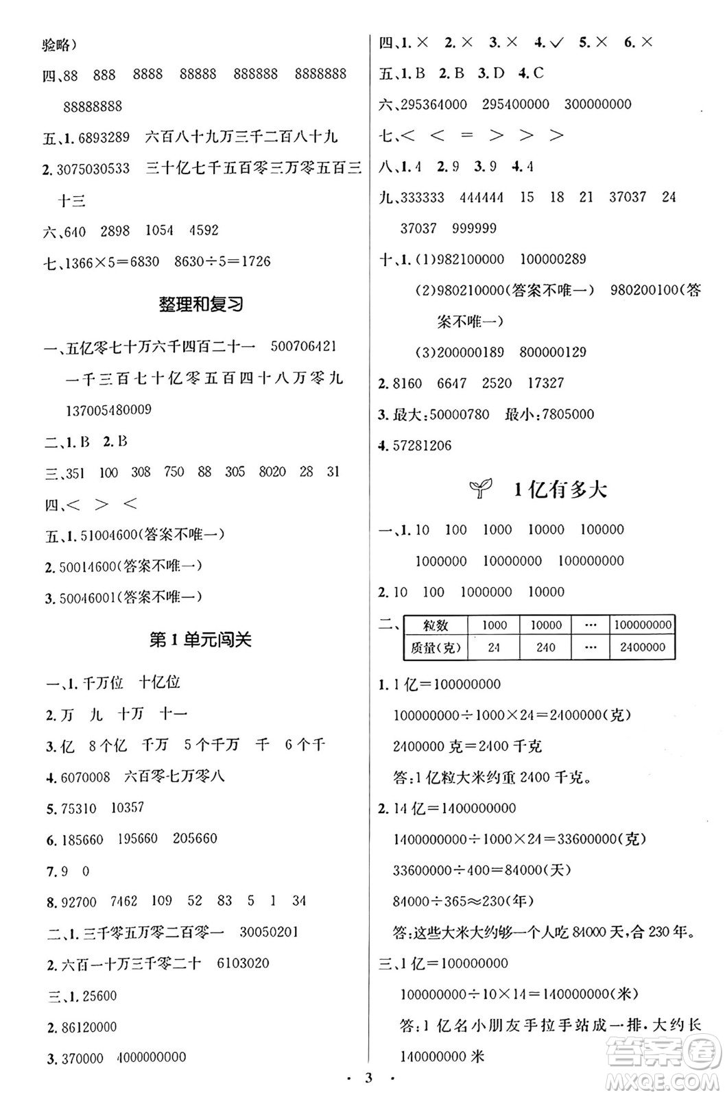 人民教育出版社2024年秋同步解析與測評學(xué)練考四年級數(shù)學(xué)上冊人教版答案