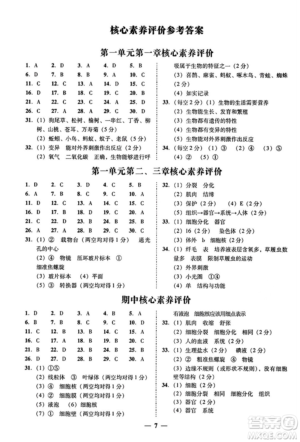 廣東教育出版社2024年秋南粵學(xué)典學(xué)考精練七年級(jí)生物上冊(cè)人教版答案