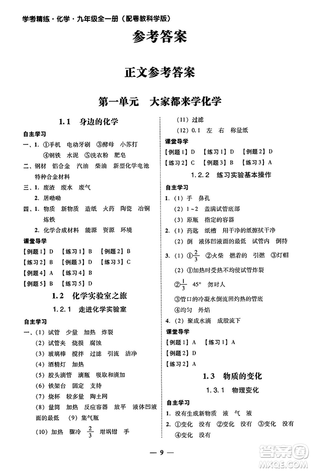 廣東教育出版社2025年秋南粵學(xué)典學(xué)考精練九年級(jí)化學(xué)全一冊(cè)科粵版答案