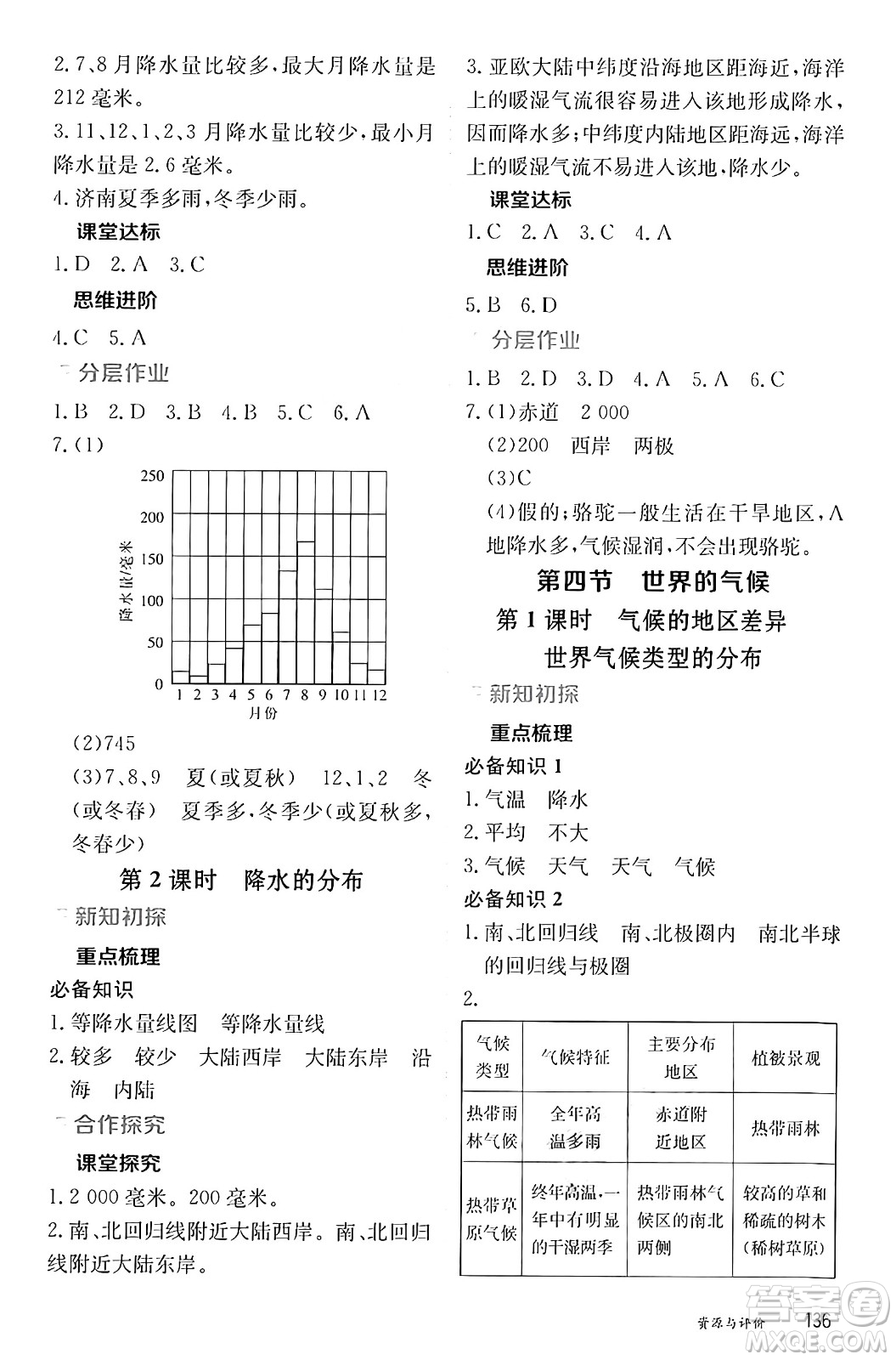 黑龍江教育出版社2024年秋資源與評價七年級地理上冊人教版黑龍江專版答案