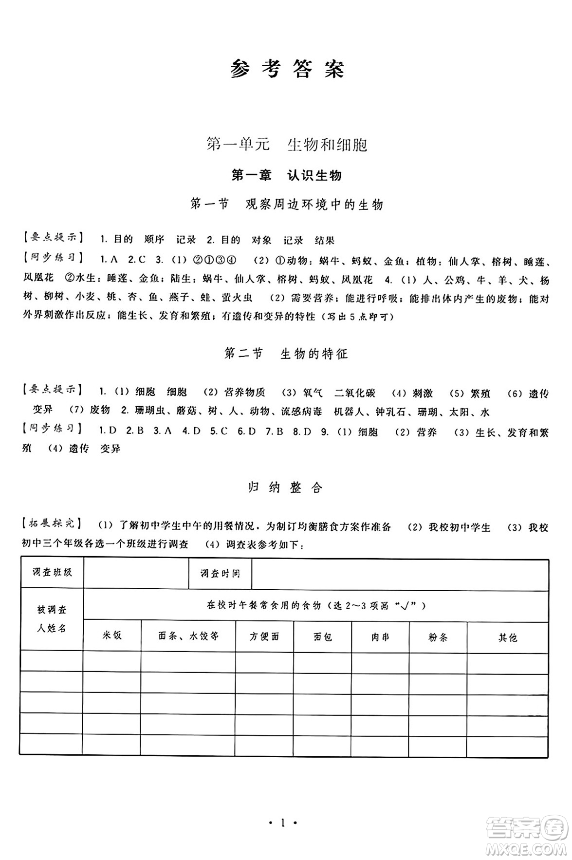 福建人民出版社2024年秋頂尖課課練七年級生物上冊人教版答案