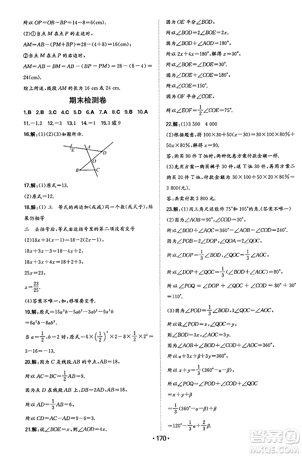 湖南教育出版社2024年秋一本同步訓(xùn)練七年級(jí)數(shù)學(xué)上冊(cè)人教版答案