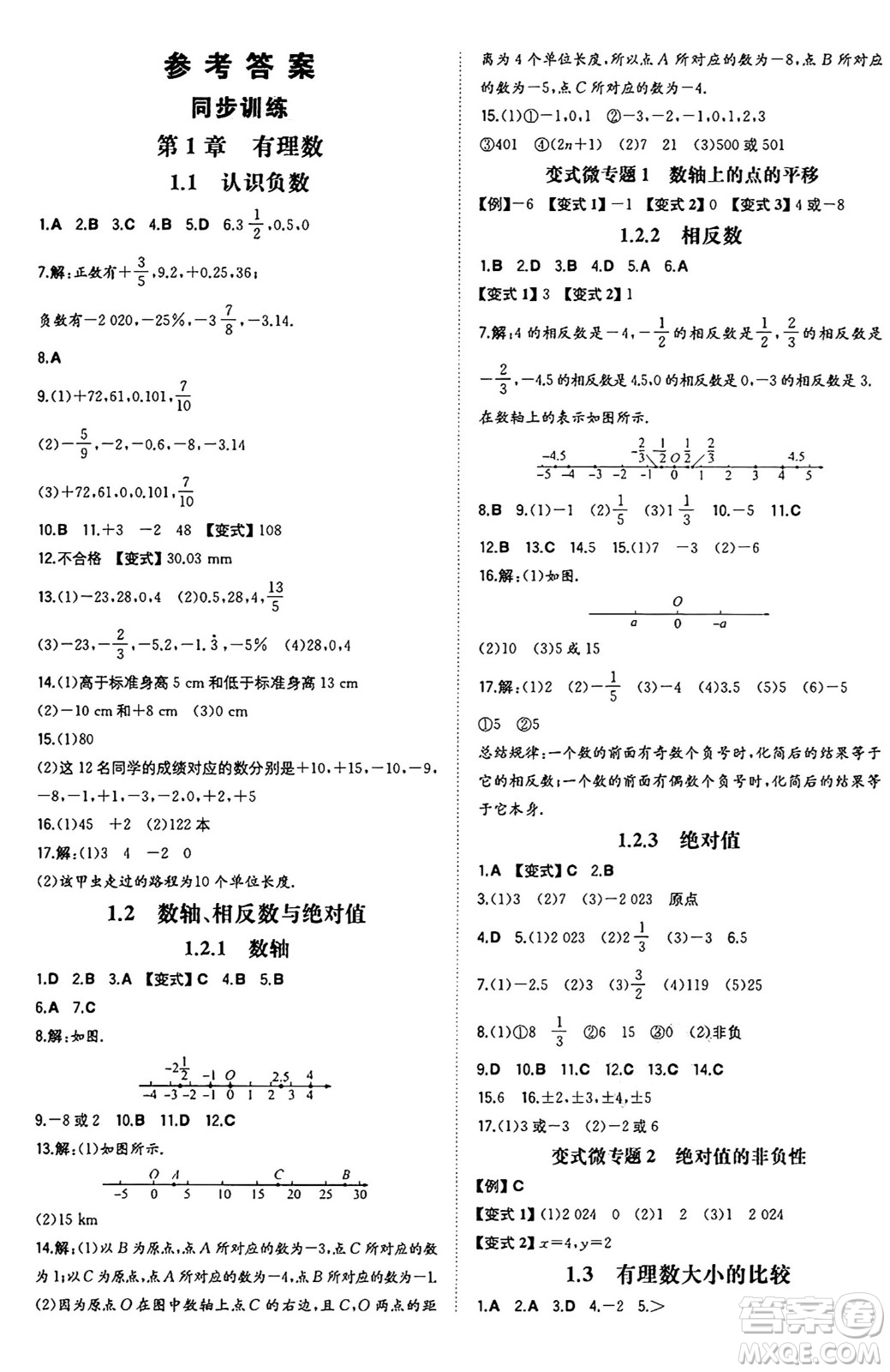 湖南教育出版社2024年秋一本同步訓(xùn)練七年級(jí)數(shù)學(xué)上冊(cè)湘教版答案