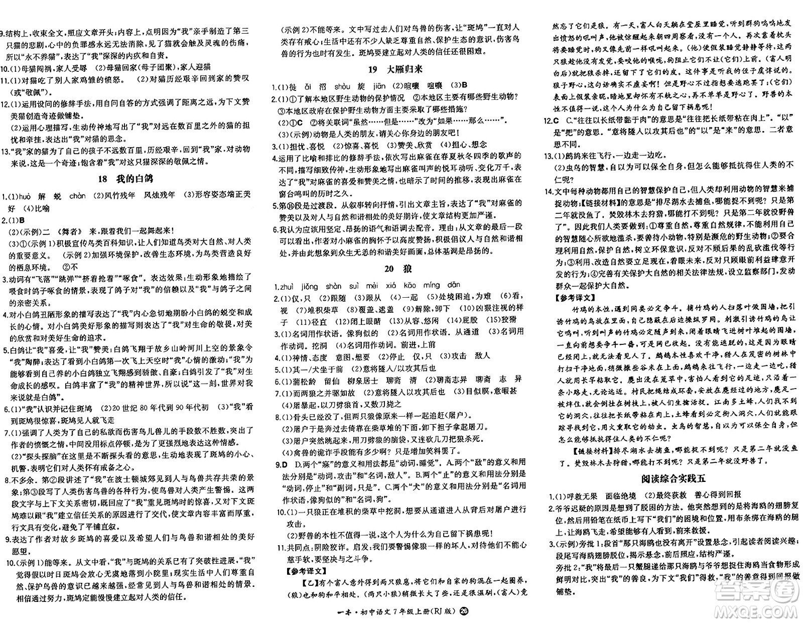 湖南教育出版社2024年秋一本同步訓(xùn)練七年級語文上冊人教版答案