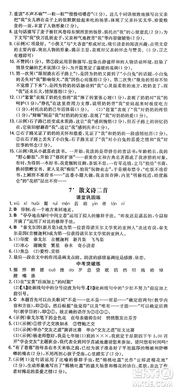 湖南教育出版社2024年秋一本同步訓(xùn)練七年級(jí)語(yǔ)文上冊(cè)人教版重慶專(zhuān)版答案