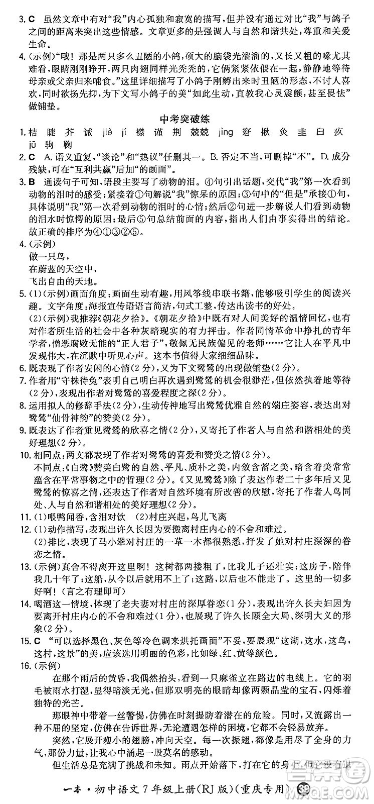 湖南教育出版社2024年秋一本同步訓(xùn)練七年級(jí)語(yǔ)文上冊(cè)人教版重慶專(zhuān)版答案