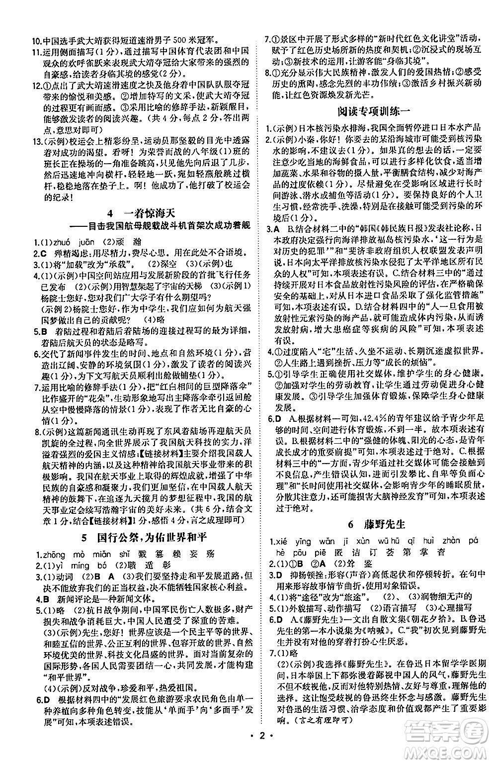 湖南教育出版社2024年秋一本同步訓(xùn)練八年級(jí)語文上冊(cè)人教版陜西專版答案