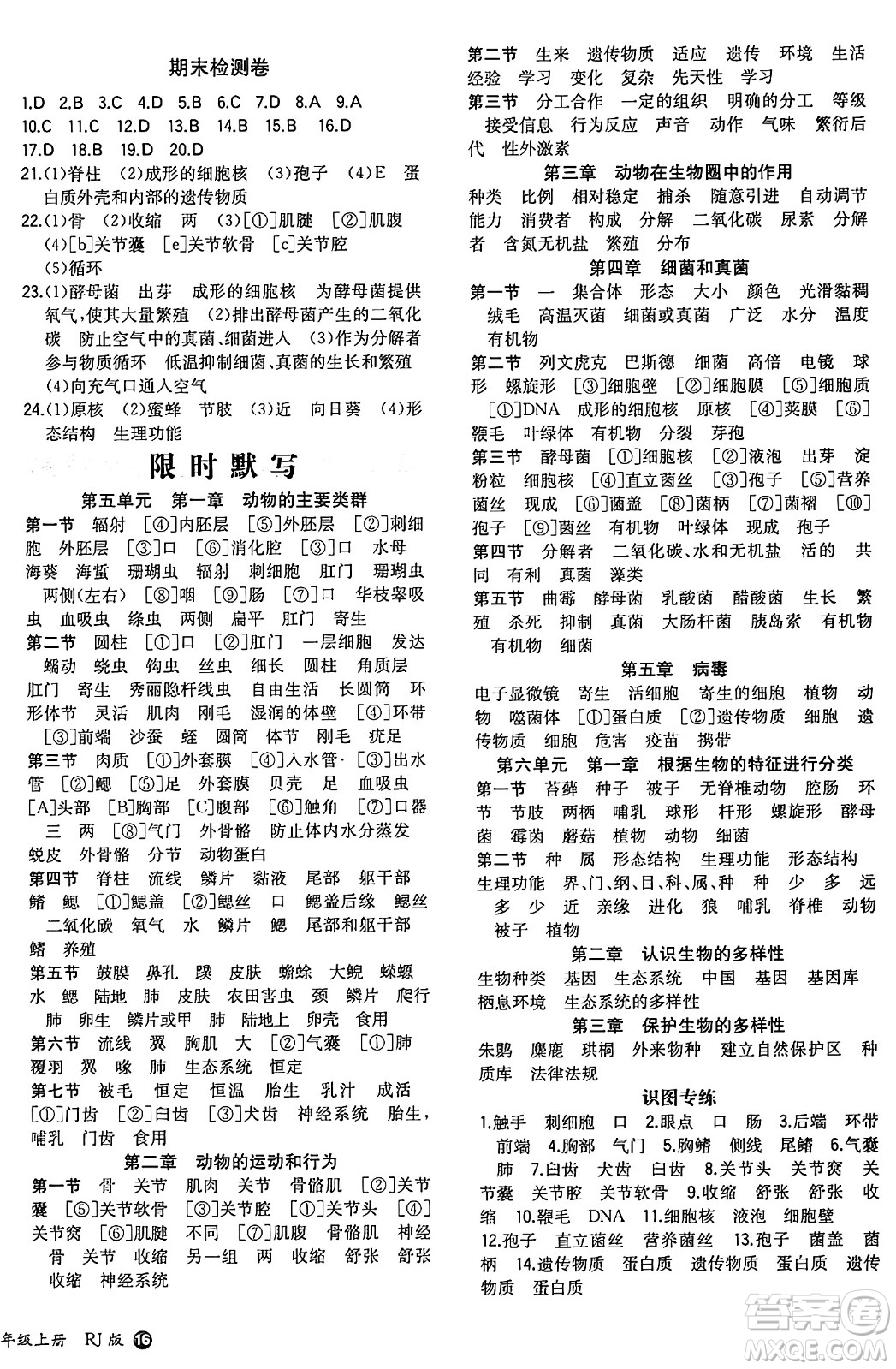 湖南教育出版社2024年秋一本同步訓(xùn)練八年級生物上冊人教版答案
