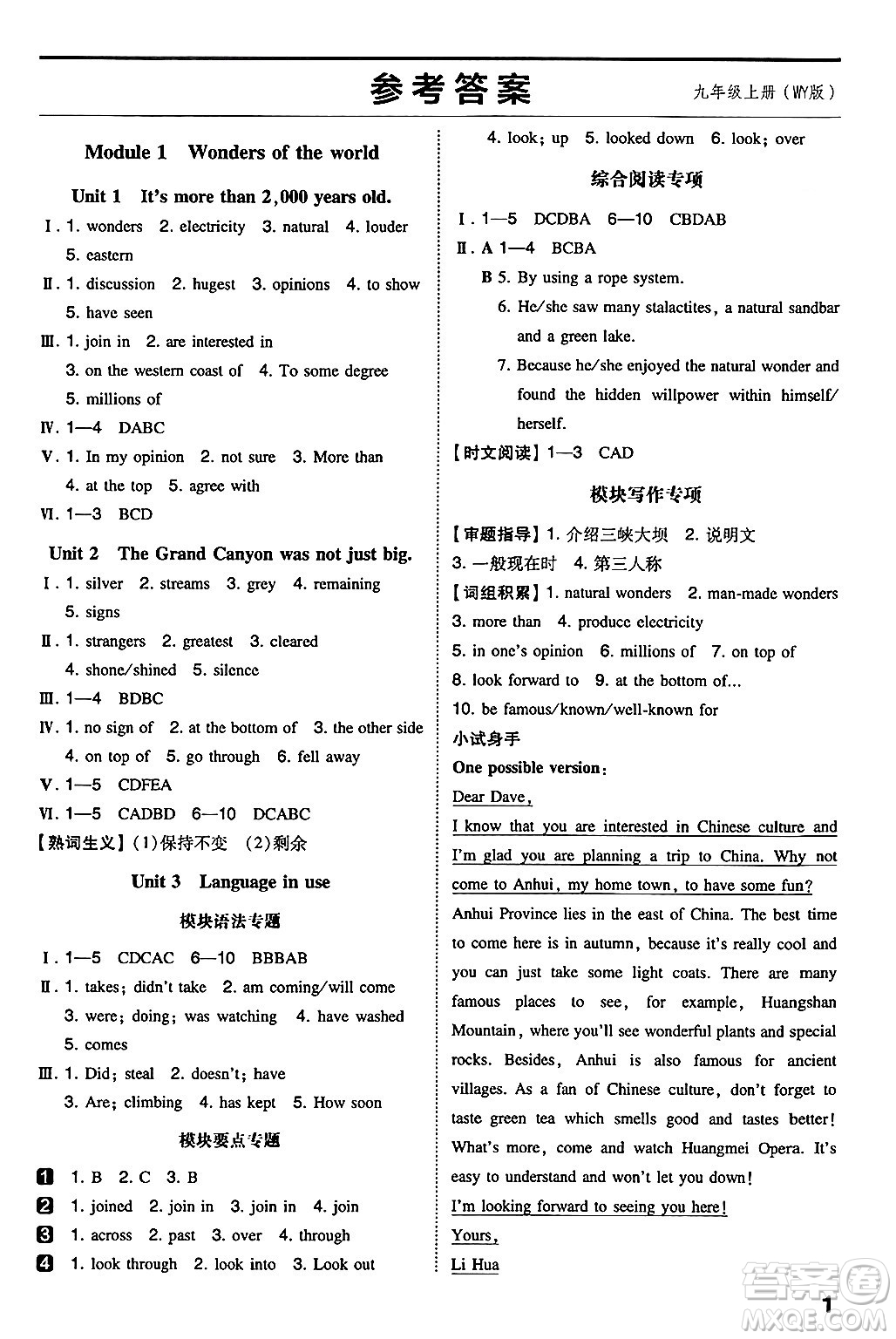 湖南教育出版社2024年秋一本同步訓(xùn)練九年級(jí)英語(yǔ)上冊(cè)外研版答案