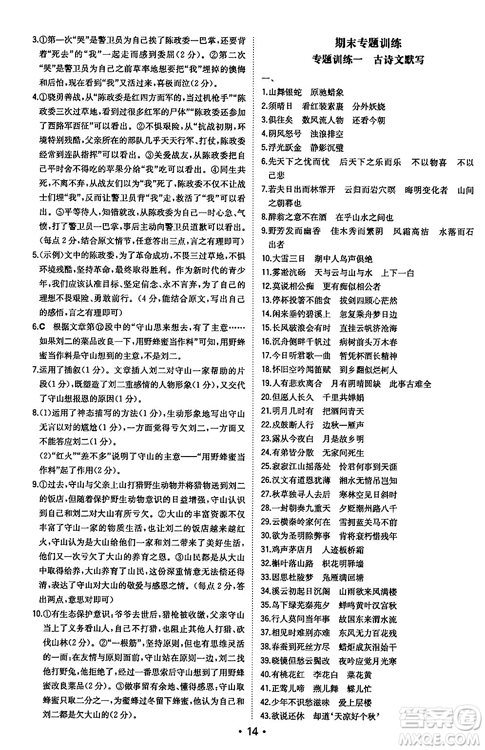 湖南教育出版社2024年秋一本同步訓(xùn)練九年級(jí)語文上冊(cè)人教版安徽專版答案