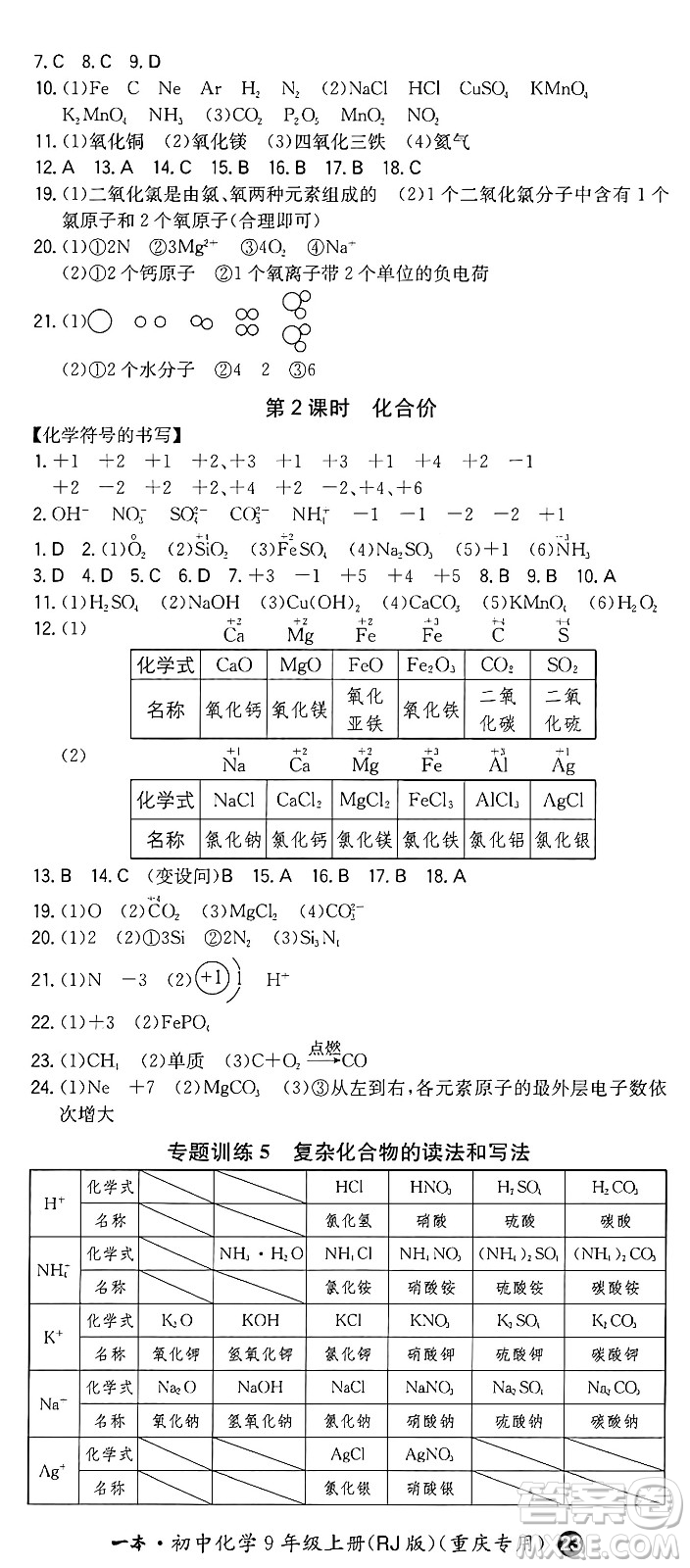 湖南教育出版社2024年秋一本同步訓(xùn)練九年級(jí)化學(xué)上冊(cè)人教版重慶專版答案