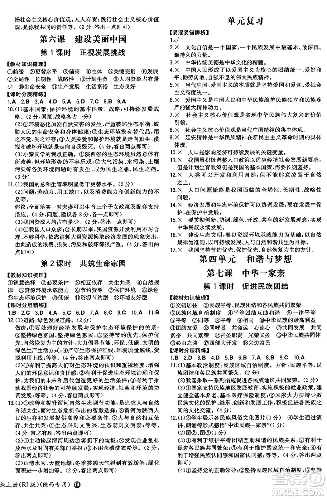 湖南教育出版社2024年秋一本同步訓練九年級道德與法治上冊人教版陜西專版答案