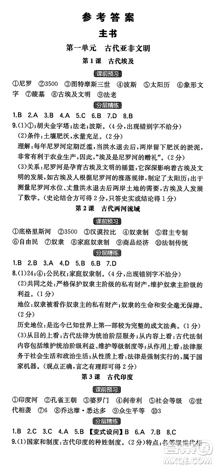 湖南教育出版社2024年秋一本同步訓(xùn)練九年級歷史上冊人教版陜西專版答案