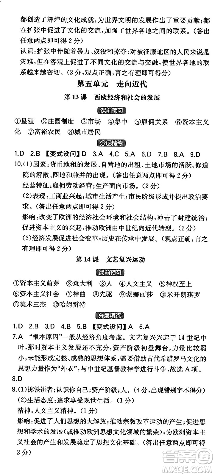 湖南教育出版社2024年秋一本同步訓(xùn)練九年級歷史上冊人教版陜西專版答案