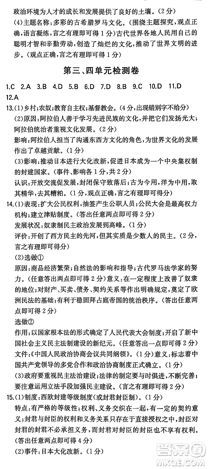 湖南教育出版社2024年秋一本同步訓(xùn)練九年級歷史上冊人教版陜西專版答案