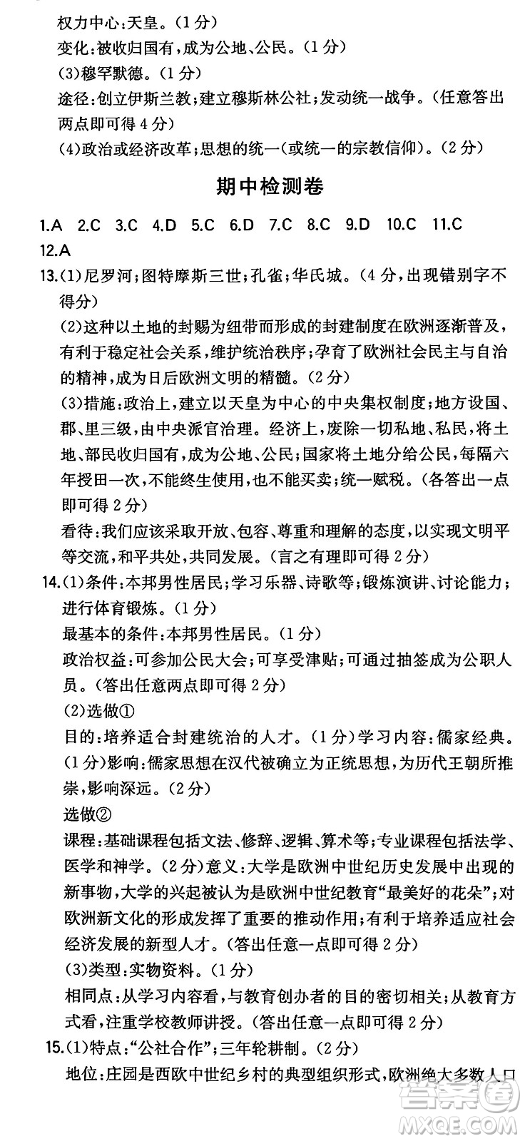 湖南教育出版社2024年秋一本同步訓(xùn)練九年級歷史上冊人教版陜西專版答案