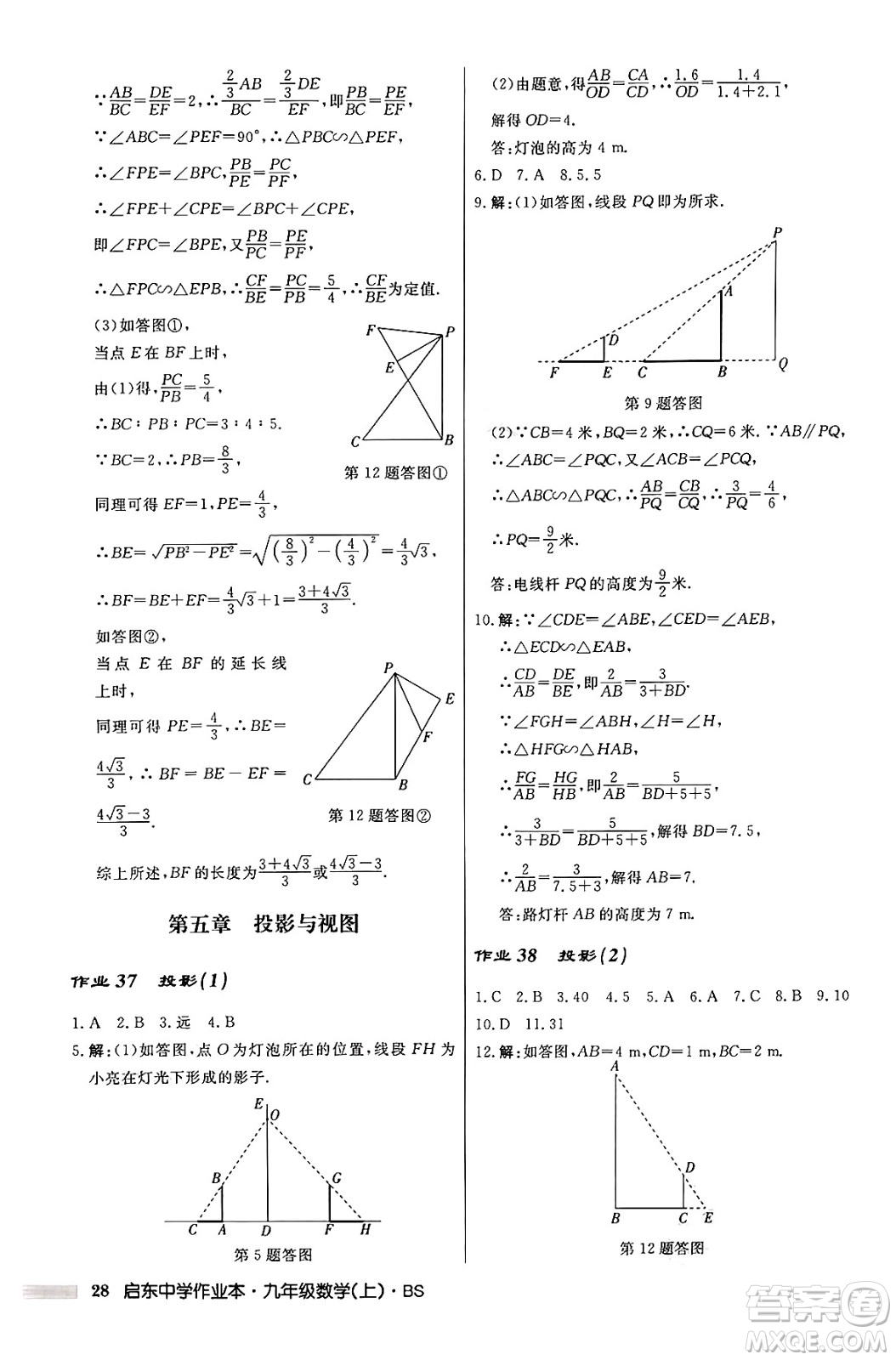 龍門書局2024秋啟東中學(xué)作業(yè)本九年級(jí)數(shù)學(xué)上冊北師大版答案