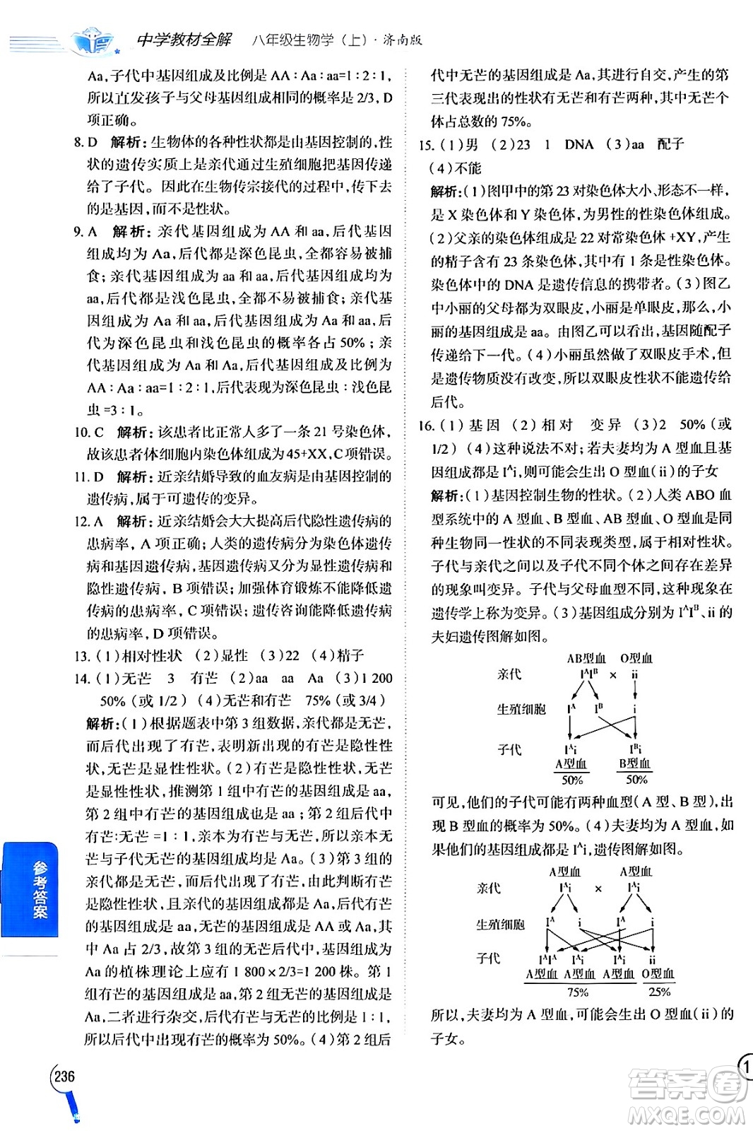 陜西人民教育出版社2024年秋中學教材全解八年級生物上冊濟南版答案
