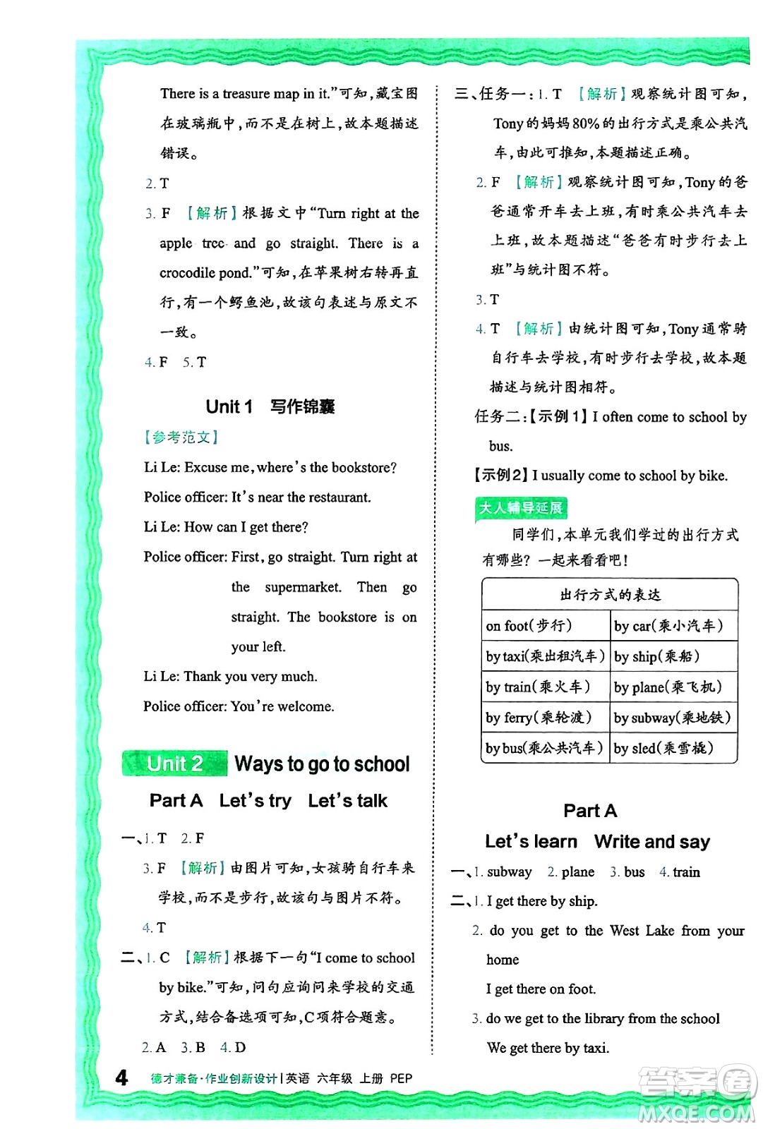 江西人民出版社2024年秋王朝霞德才兼?zhèn)渥鳂I(yè)創(chuàng)新設(shè)計(jì)六年級英語上冊人教PEP版答案