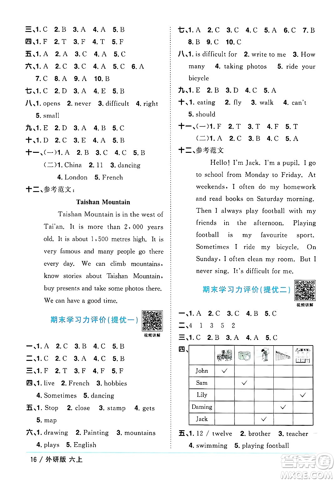 江西教育出版社2024年秋陽光同學(xué)課時(shí)優(yōu)化作業(yè)六年級英語上冊外研版三起點(diǎn)答案