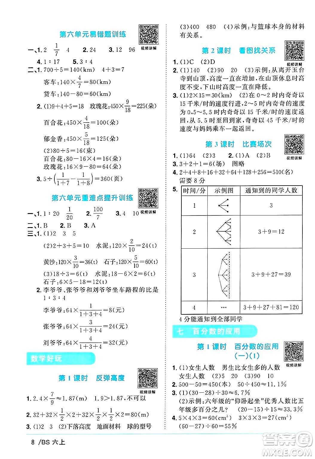 江西教育出版社2024年秋陽光同學課時優(yōu)化作業(yè)六年級數(shù)學上冊北師大版答案