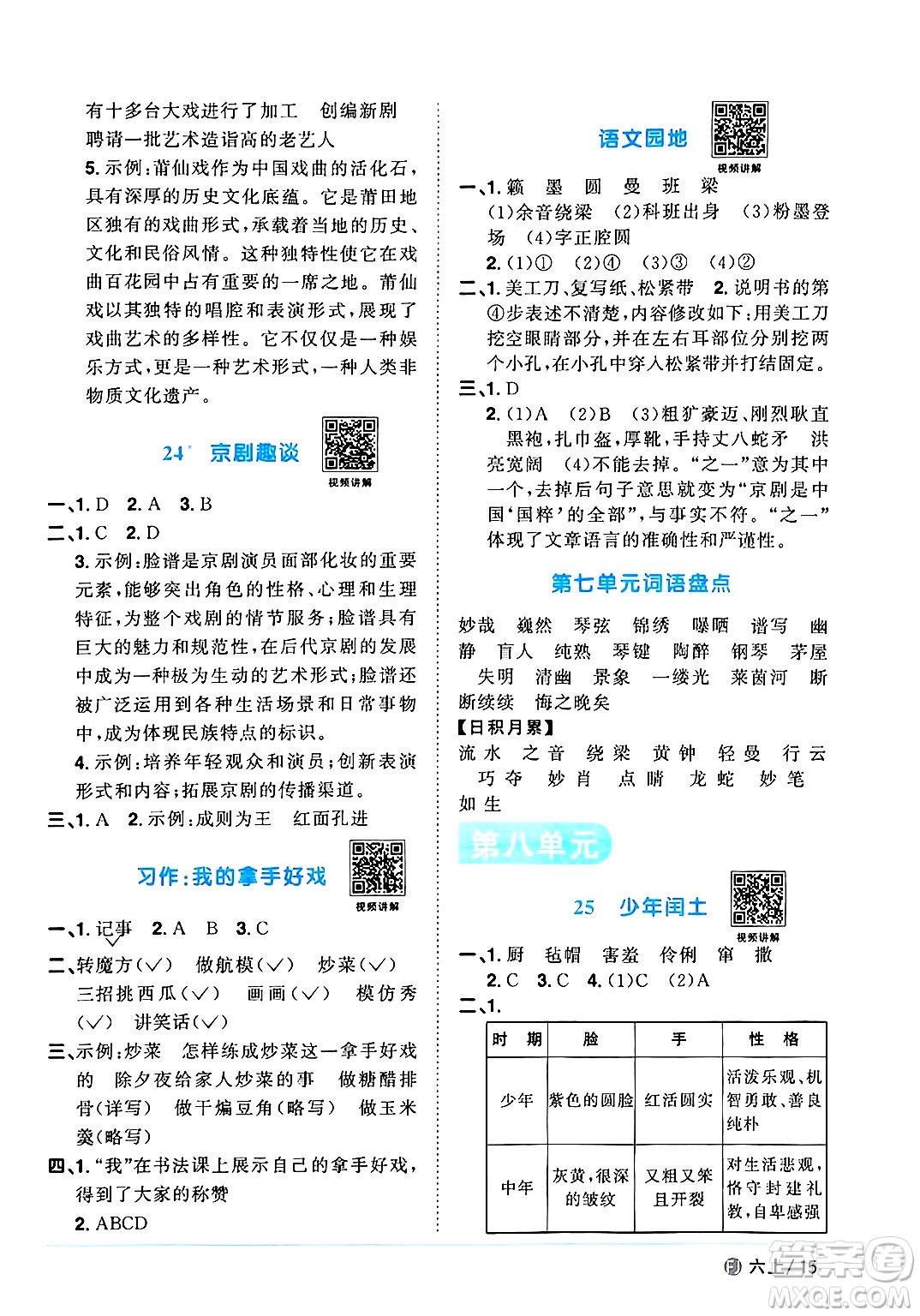 福建少年兒童出版社2024年秋陽光同學(xué)課時(shí)優(yōu)化作業(yè)六年級語文上冊人教版福建專版答案