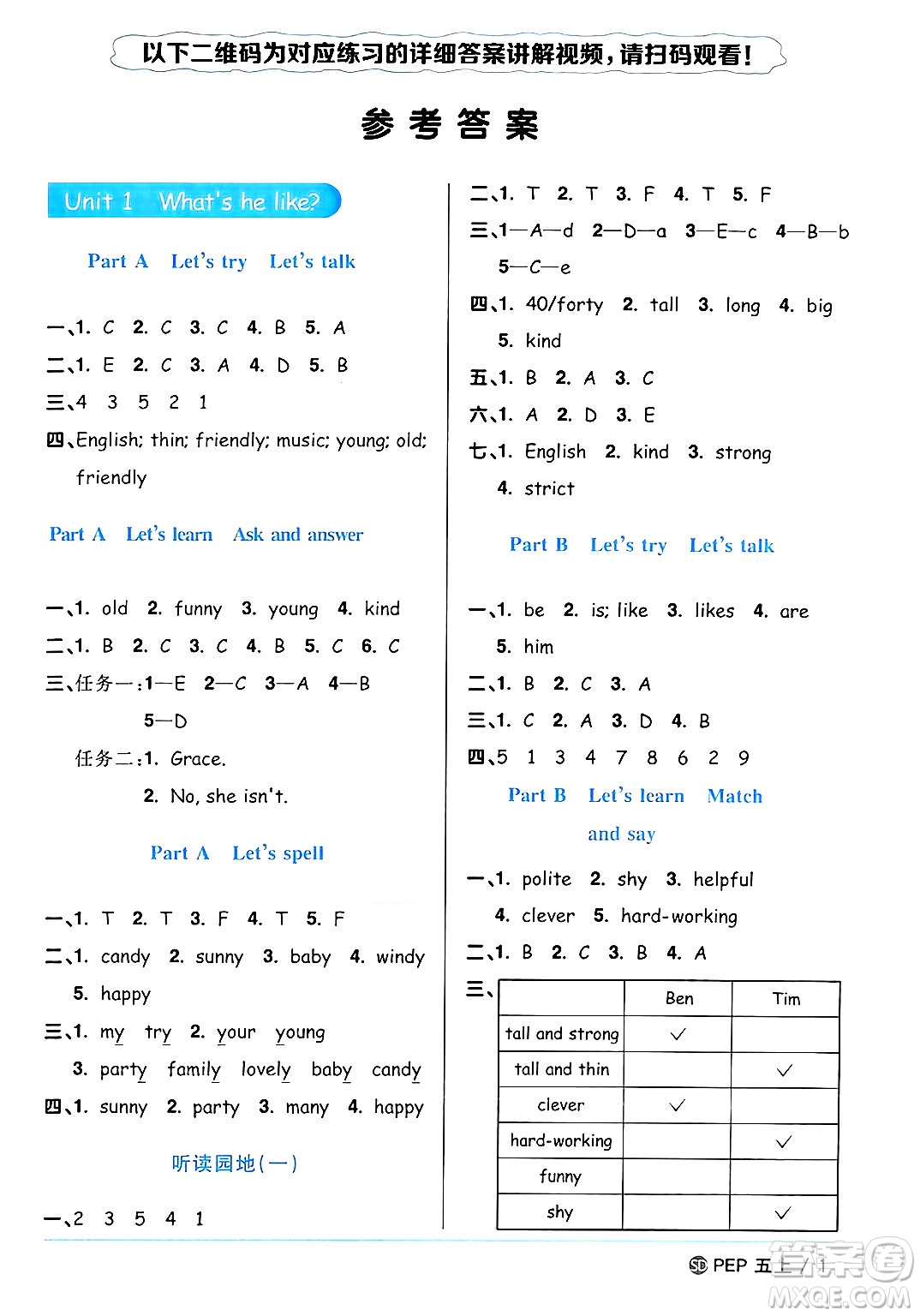 甘肅少年兒童出版社2024年秋陽(yáng)光同學(xué)課時(shí)優(yōu)化作業(yè)五年級(jí)英語(yǔ)上冊(cè)人教PEP版山東專版答案