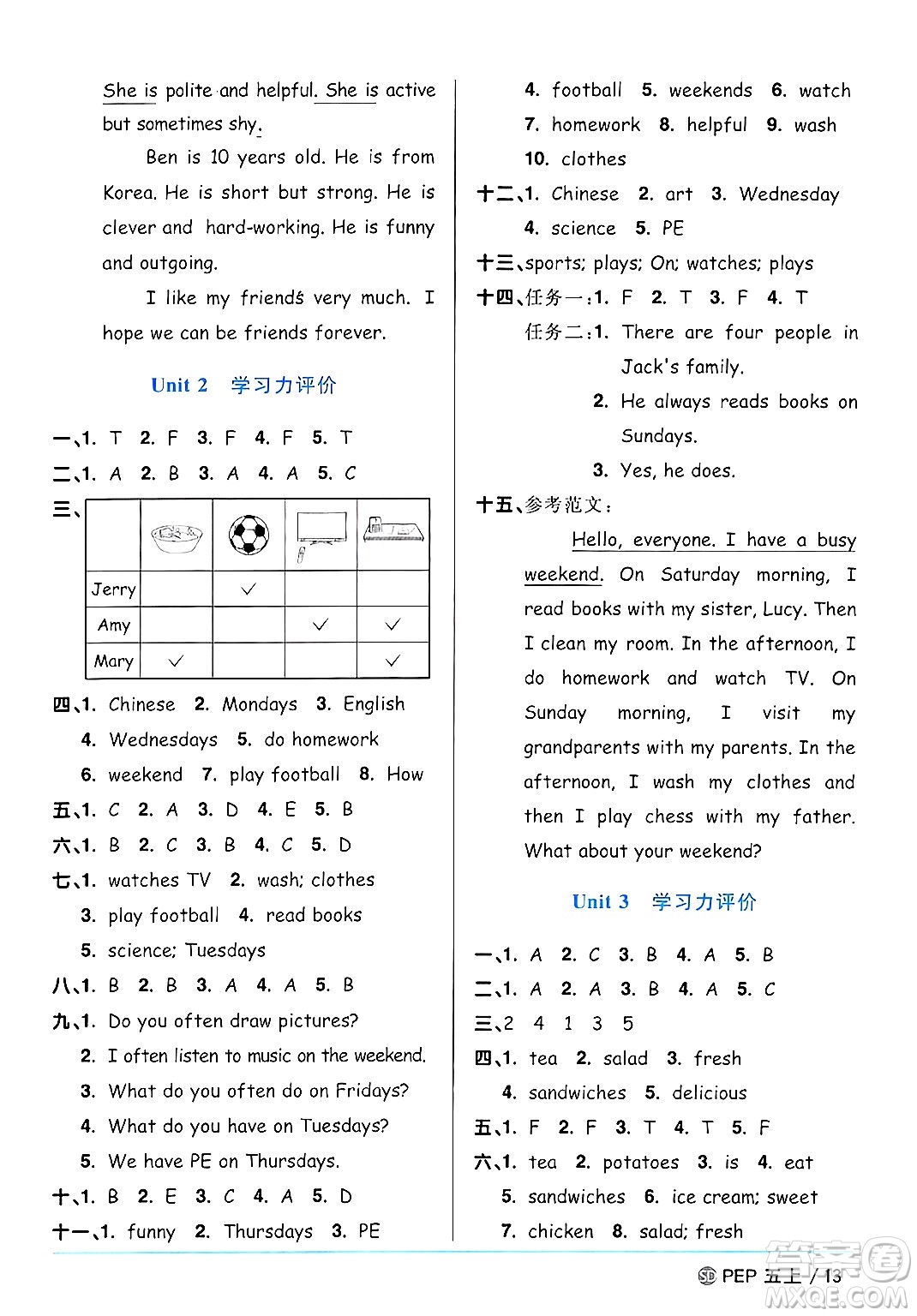 甘肅少年兒童出版社2024年秋陽(yáng)光同學(xué)課時(shí)優(yōu)化作業(yè)五年級(jí)英語(yǔ)上冊(cè)人教PEP版山東專版答案