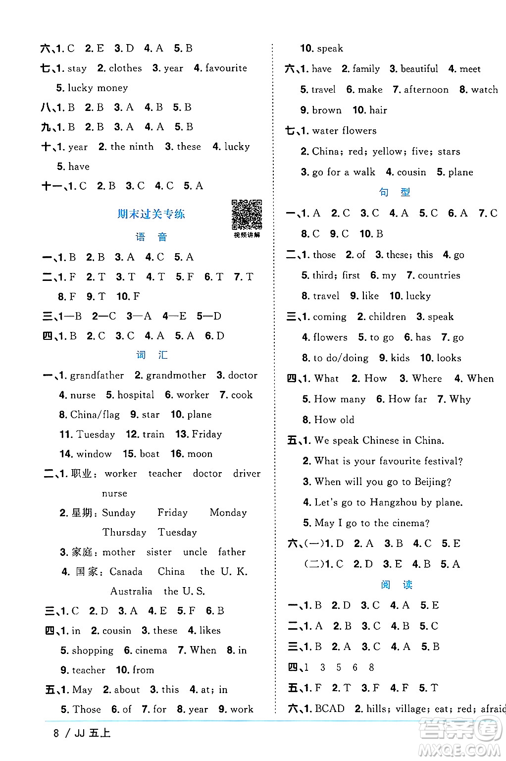 江西教育出版社2024年秋陽(yáng)光同學(xué)課時(shí)優(yōu)化作業(yè)五年級(jí)英語(yǔ)上冊(cè)冀教版答案