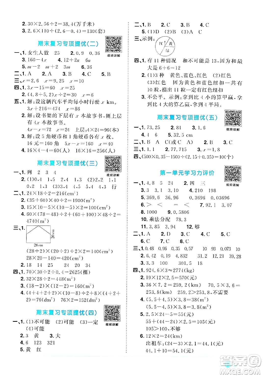 江西教育出版社2024年秋陽光同學(xué)課時優(yōu)化作業(yè)五年級數(shù)學(xué)上冊人教版答案
