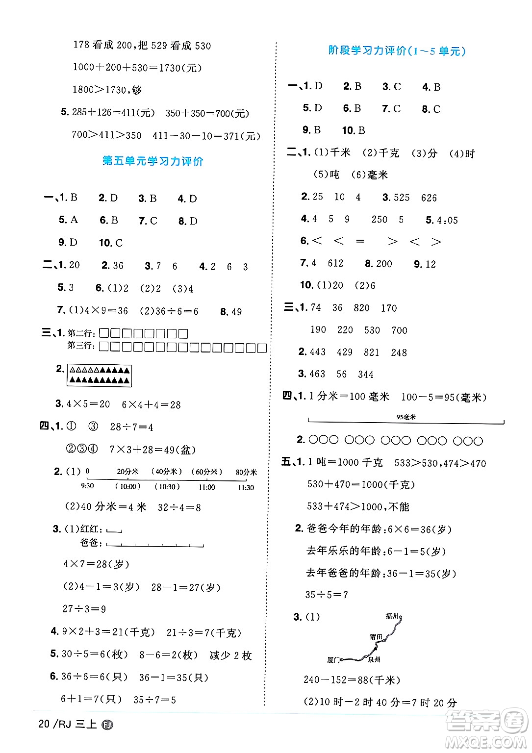 福建少年兒童出版社2024年秋陽光同學(xué)課時(shí)優(yōu)化作業(yè)三年級(jí)數(shù)學(xué)上冊(cè)人教版福建專版答案