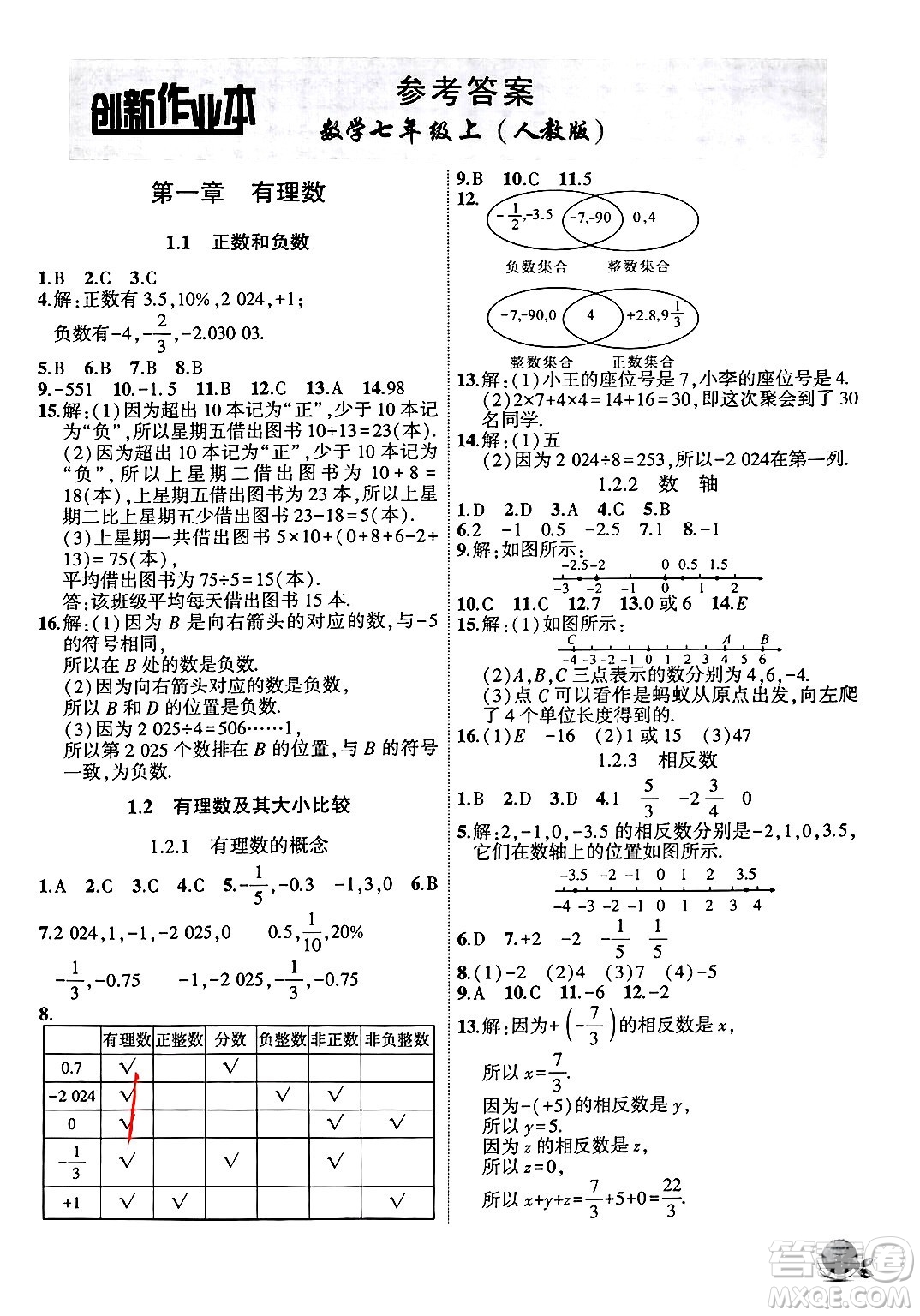 安徽大學(xué)出版社2024年秋創(chuàng)新課堂創(chuàng)新作業(yè)本七年級(jí)數(shù)學(xué)上冊(cè)人教版答案