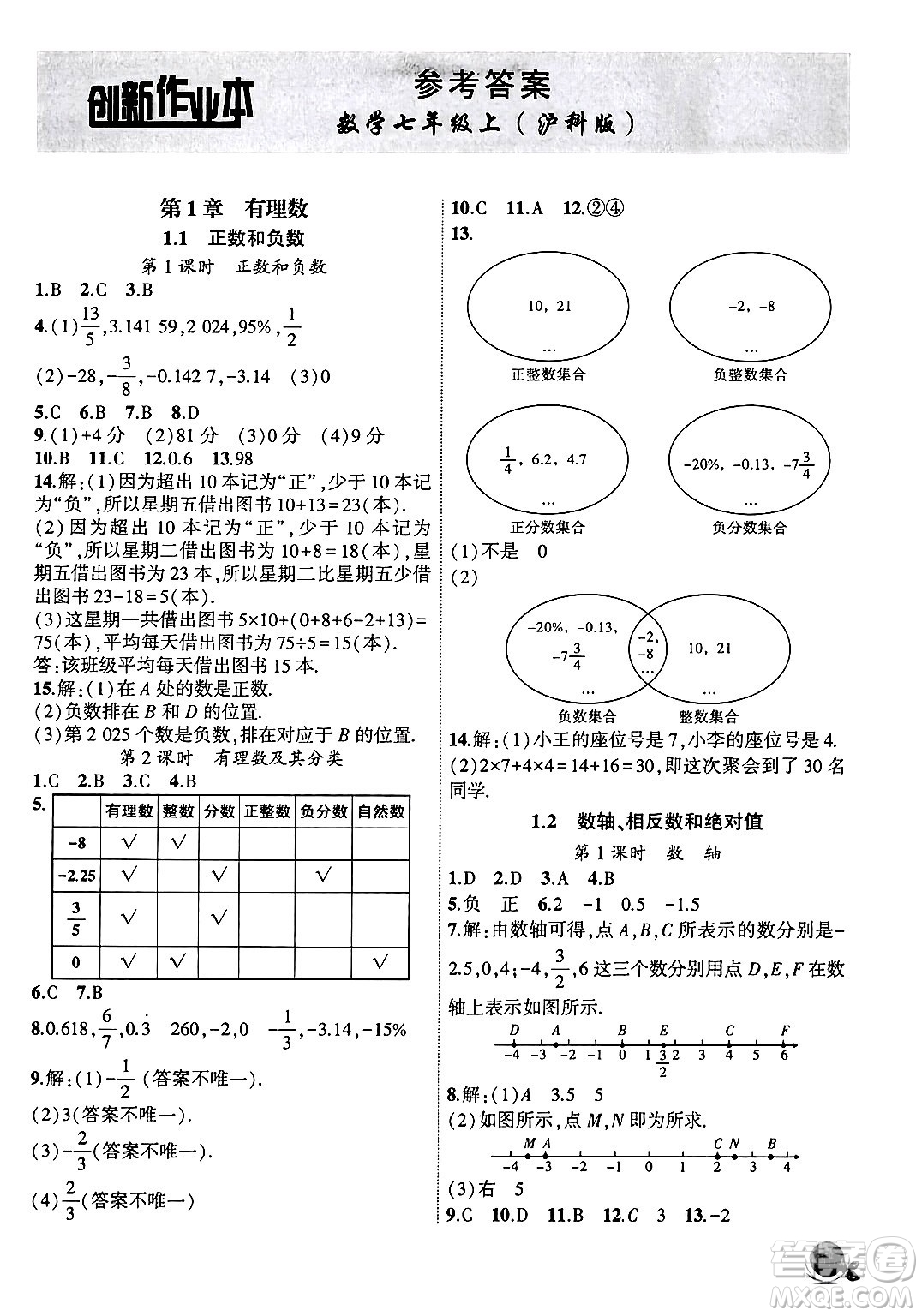 安徽大學出版社2024年秋創(chuàng)新課堂創(chuàng)新作業(yè)本七年級數(shù)學上冊滬科版答案