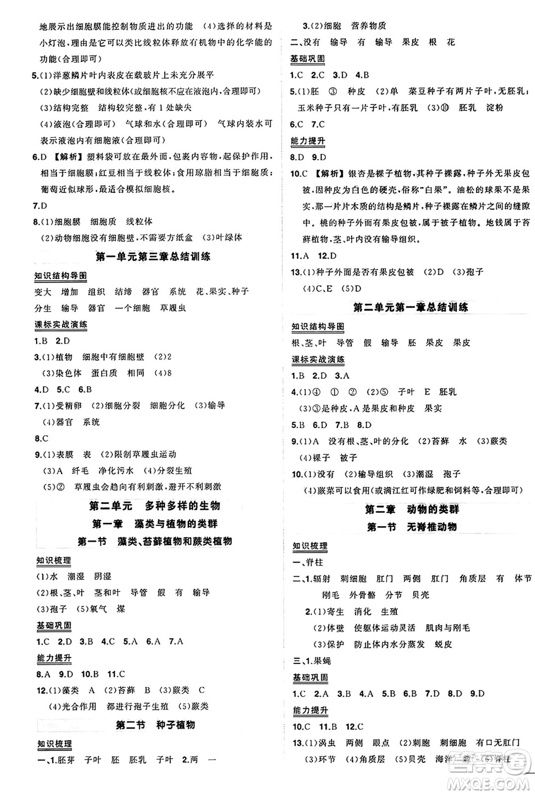 吉林教育出版社2024年秋狀元成才路創(chuàng)優(yōu)作業(yè)七年級(jí)生物上冊(cè)人教版答案