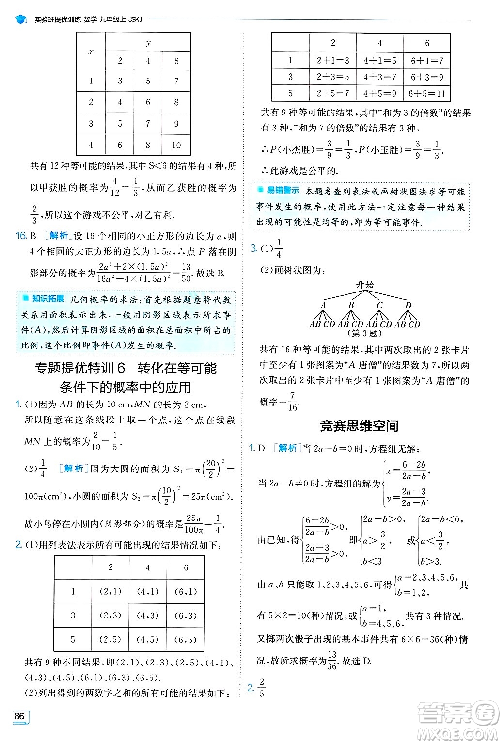 江蘇人民出版社2024年秋春雨教育實驗班提優(yōu)訓練九年級數(shù)學上冊蘇科版答案