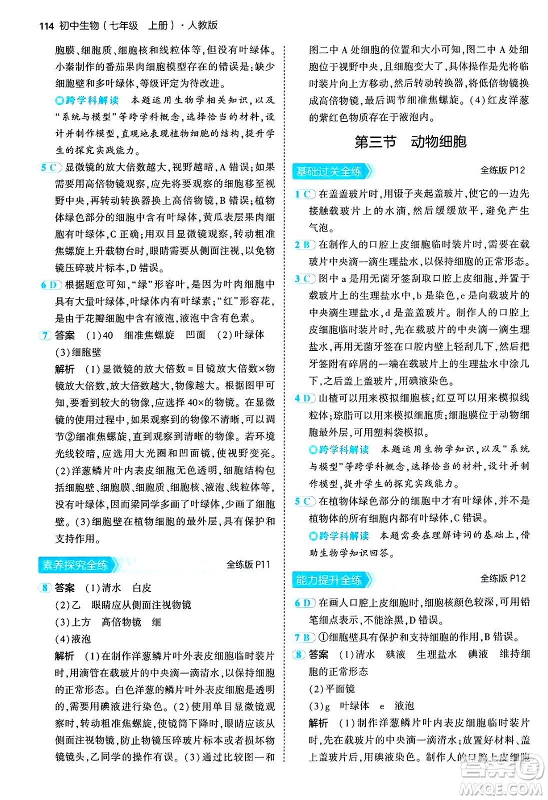 四川大學出版社2024年秋初中同步5年中考3年模擬七年級生物上冊人教版答案