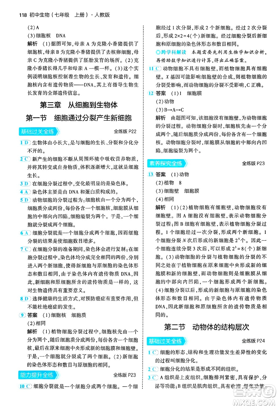 四川大學出版社2024年秋初中同步5年中考3年模擬七年級生物上冊人教版答案