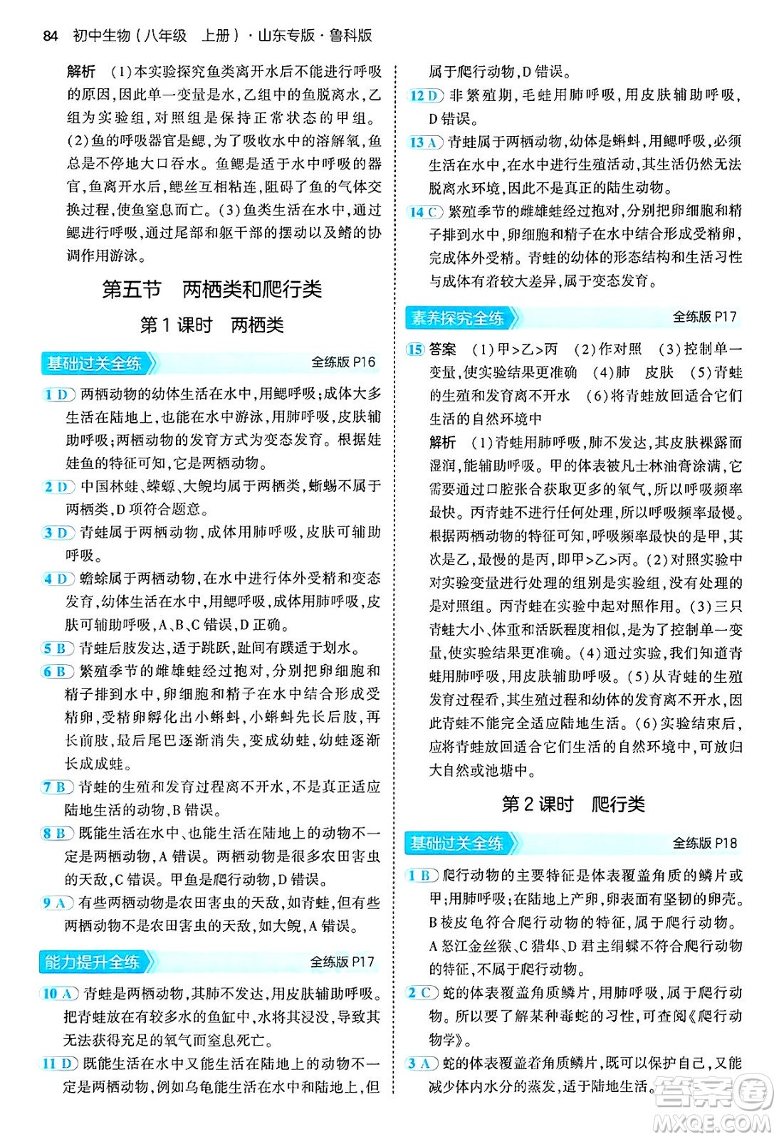 首都師范大學(xué)出版社2024年秋初中同步5年中考3年模擬八年級生物上冊魯科版山東專版答案