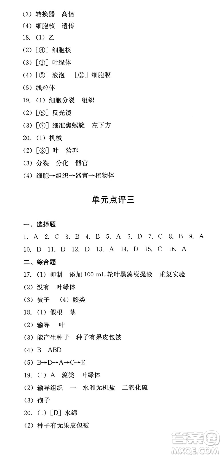 四川教育出版社2024年秋課堂伴侶學(xué)情點評七年級生物上冊濟南版答案